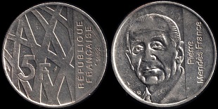 5 francs 1992 Pierre Mendès France, cotation